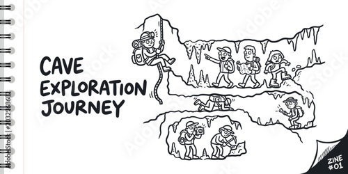 Konstfotografi Cave exploration journey cartoon illustration showing people rappelling walking