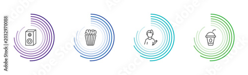 Photos cinema and theater icon set with loud woofer box, popcorn bag, author, take away