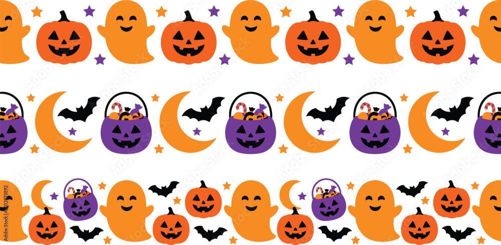 Fototapeta premium A festive Halloween pattern featuring pumpkins, ghosts, and bats on a white background