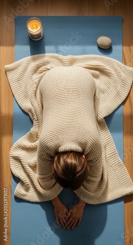 Woman in yoga child pose on gymnastics mat with knitted blanket. Concept of nervous system reset, mental health healing and deep relaxation in calm home environment. Wellness practice.