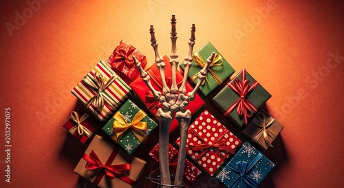 Skeleton hand reaching over colorful Christmas gift boxes.