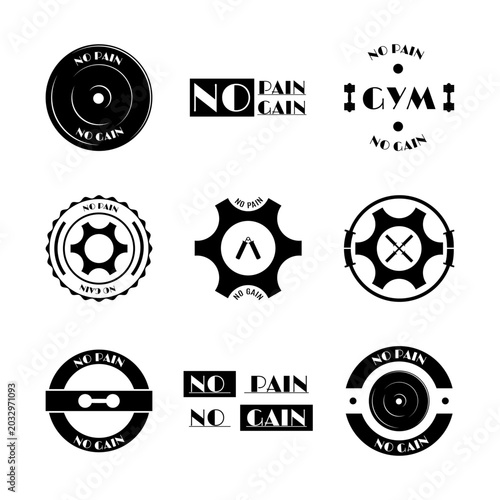 Set of black fitness and gym logo templates with no pain no gain slogan. Vector collection with barbell, weight plate, and workout symbols isolated on light background.