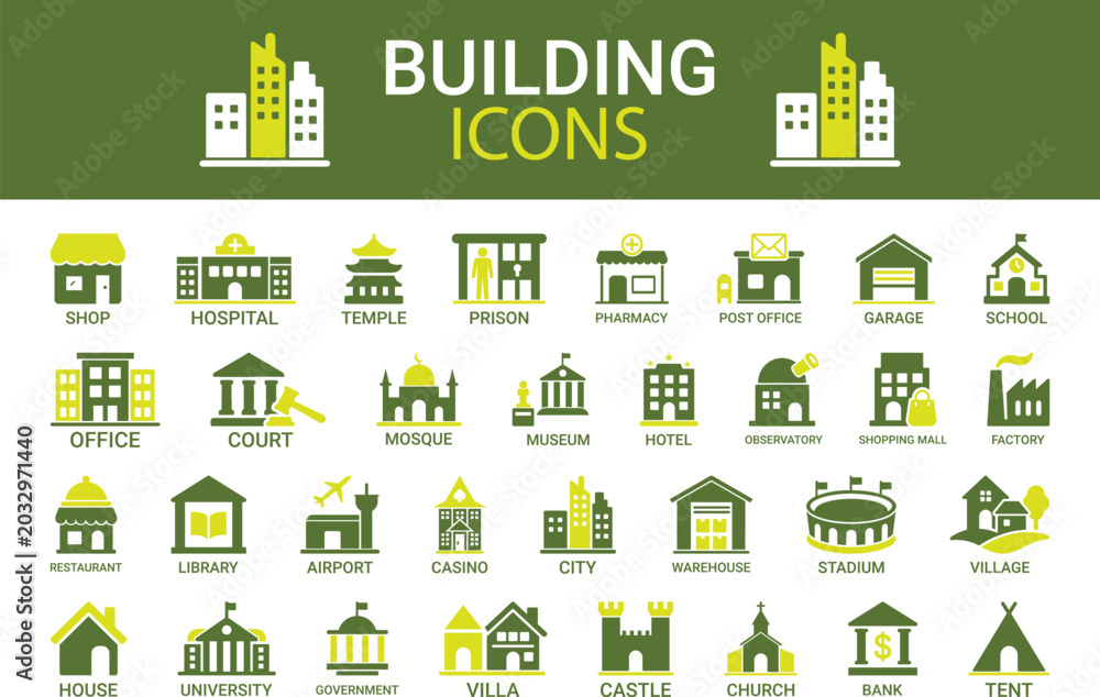 Naklejka premium Collection of building icons for various businesses and services