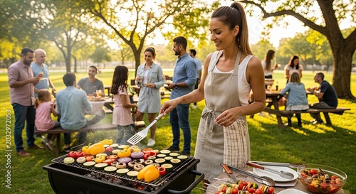 A woman cooking vegetables on a grill in a park with a group of people.