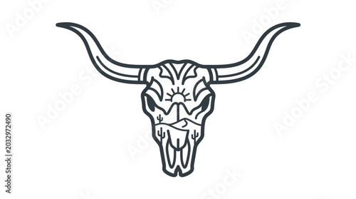 Stylized Longhorn Skull with Sun and Mountains Graphic.
