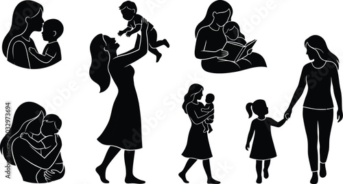 Obraz na płótnie Silhouettes of mothers and children showing affection and care with children