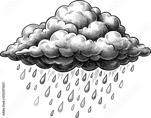 Billede på lærred Detailed illustration of a large, dark rain cloud with numerous raindrops