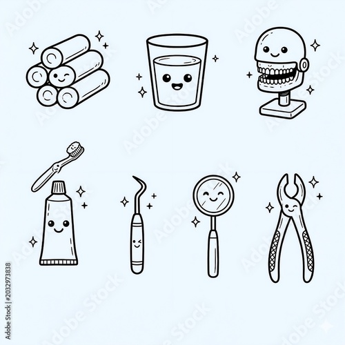 ​A collection of dental icons featuring specific dentistry items, designed in a cute kawaii doodle or cartoon style.