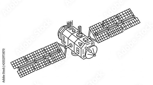 Detailed Illustration of a Modern Space Satellite with Solar Panels.