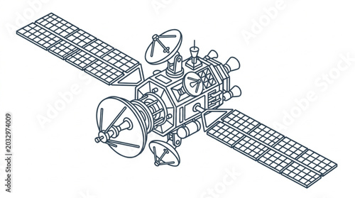 Detailed illustration of a modern satellite with solar panels.