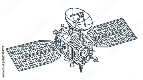 Foto Detailed illustration of a modern satellite with solar panels and antenna