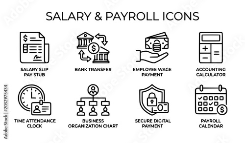 Foto Payroll salary payment line icon vector collection with HR, banking and business