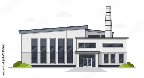 Modern Industrial Factory Building with Tall Chimney.