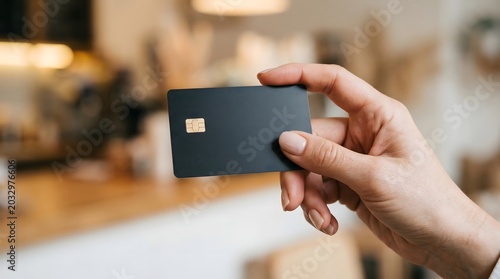 Close-up of a hand holding a sleek black credit card with a gold chip.
