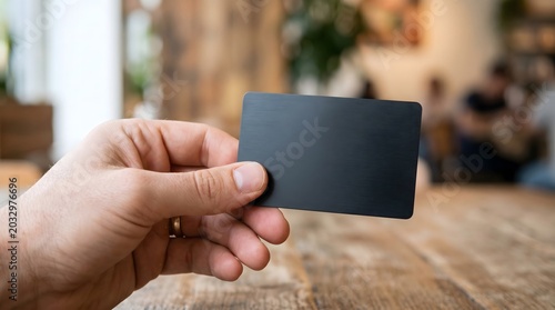 Close-up of a hand holding a blank black card on a wooden table.