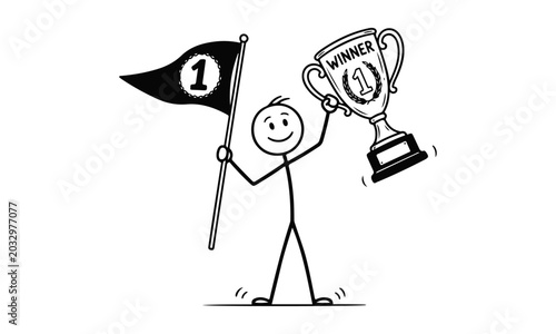 Smiling Stick Figure Man Holding Number One Flag and Winner Trophy, Isolated Cartoon Illustration line vector