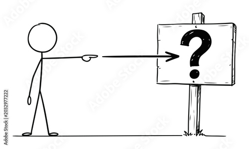 Cartoon Stick Figure Person doodle Pointing at Question Mark Sign Vector Illustration 