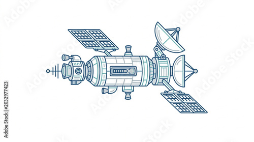 Foto Detailed sketch of a futuristic satellite with solar panels and antennas