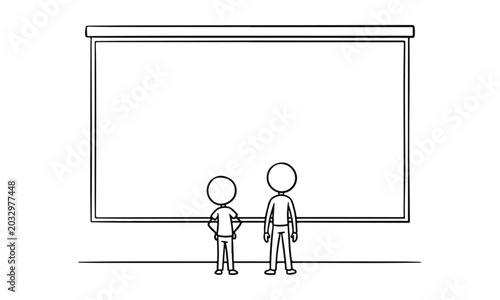 Simple doodle Line Art Illustration of Two People Looking at Blank Projection Screen