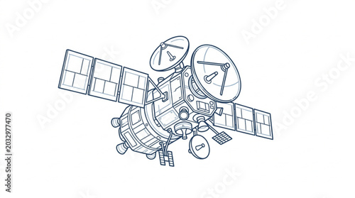 Detailed sketch of a modern communication satellite with solar panels.