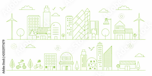 Fotografie Linear Illustration Of A Green Cityscape With Wind Turbines And Buildings