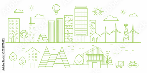 Canvas-taulu Linear illustration of a green energy cityscape with wind turbines and suns