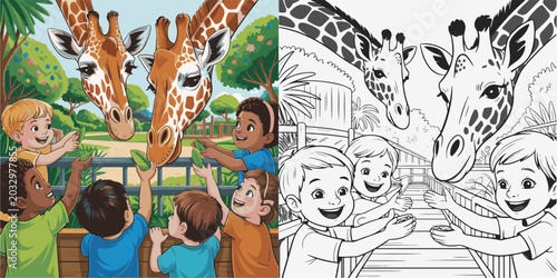 Photography giraffe in the zoo, giraffe in the jungle, giraffe in the park,  Children Feeding Giraffes,  coloring, coloring book, drawing, children, fairy tale, sketch, clip art