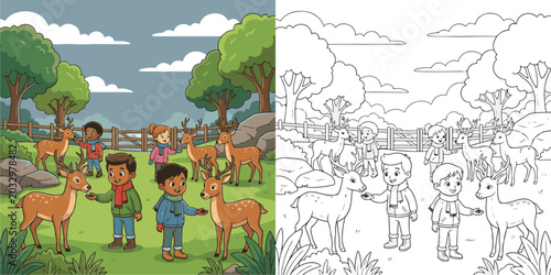 Canvas Print wild animals in the forest, animals in the woods, deer in the forest, autumn forest landscape, autumn landscape with trees,  coloring, coloring book, drawing, children, fairy tale, sketch, clip art