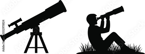 Foto Isolated vector silhouette illustration of telescope equipment and a person observing sky