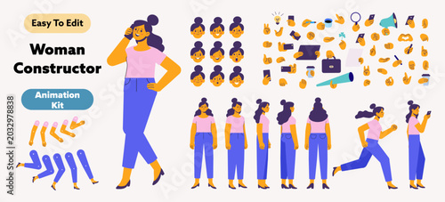 Editable woman constructor animation kit with phone call, running, smartphone usage, facial expressions, hand gestures and turnaround views. Flat vector character set for motion design.