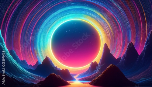 colorful neon light circle vortex over the mountains sci fi digital futuristic landscape