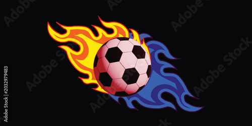 Foto A soccer ball engulfed in flames competes with blue fire for dominance on a dark background