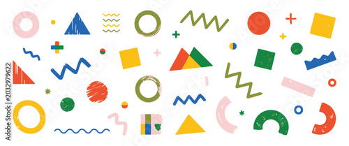 Cuadro en lienzo Crayon geometric shapes vector, funky doodle lines, colorful pencil chalk drawn elements, naive Swiss design aesthetic, playful dots and primitive form patterns