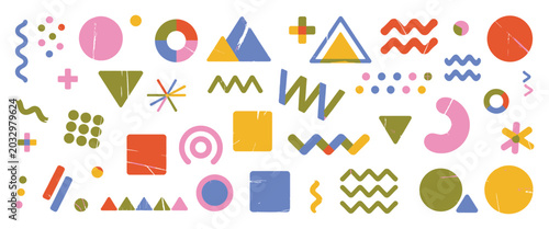 Fotografie Crayon geometric shapes vector, funky doodle lines, colorful pencil chalk drawn elements, naive Swiss design aesthetic, playful dots and primitive form patterns