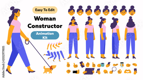 Woman walking a dog character constructor with editable body parts, emotions and gestures. Flat vector animation kit for pet care, outdoor activities and lifestyle illustrations.