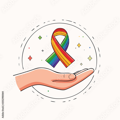 Hand holding rainbow pride ribbon with sparkles