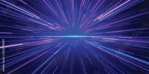 Bild auf Leinwand Abstract neon light trails speeding through dark blue space with science fiction