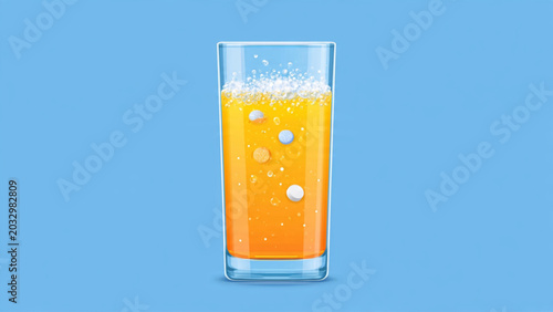 Photos Refreshing glass of orange juice with bubbles on vibrant blue background for hea