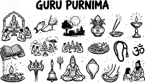 Photos Hindu Guru Purnima Festival Black and White Line Art Vector Set with Spiritual Gurus, Disciples, Ritual Objects, and Cultural Symbols