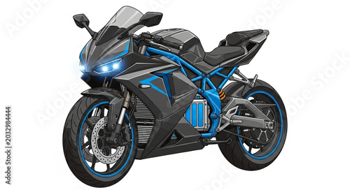Foto Modern Sport Motorcycle with Blue Accents and Glowing Headlights.