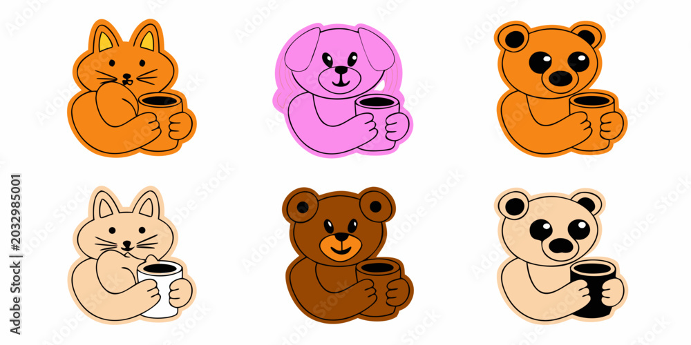 Fototapeta premium Cartoon Animals Holding Coffee Cups Colorful Vector Illustration