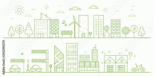 Linear illustration of a green cityscape with buildings trees and vehicles