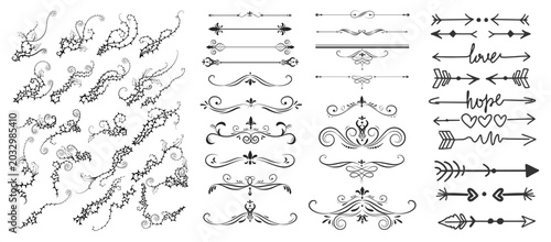 Minimalist Vintage Floral Dividers, Black Thorn Branches and Hand-Drawn Arrow Ornament Pack