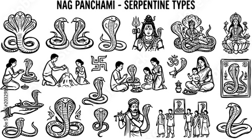 Bilde på lerret Nag Panchami Serpentine Types Black and White Line Art Vector Icons, Hindu Deiti