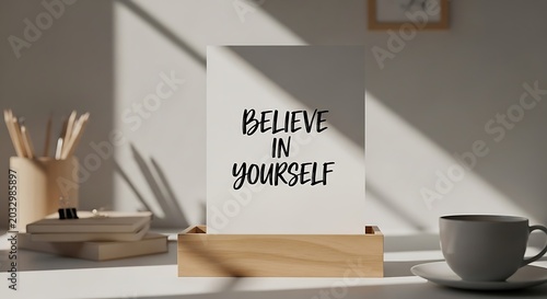 Motivational quote believe in yourself on a paper card on a desk with office supplies and coffee