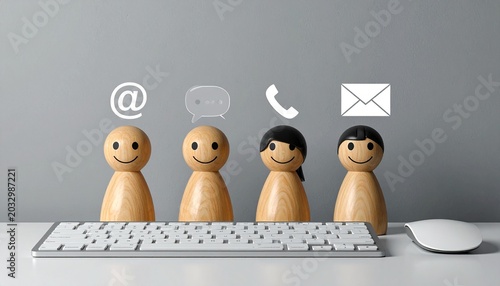 Customer Support and Omnichannel Communication Concept Featuring Smiling Wooden Peg Dolls with Contact Icons Above a Computer Keyboard