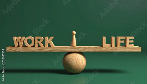 Work-Life Balance Concept with Wooden Text on a Seesaw Structure and a Peg Figurine Centerpiece Against a Dark Green Background