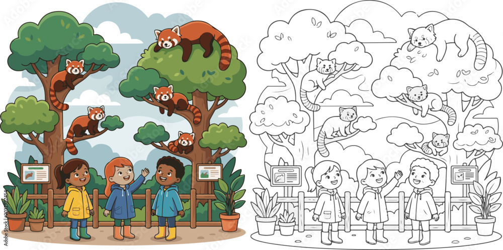 Obraz premium small house in the forest, small house in the woods, Red Panda Tree Habitat, animals in the park, animals in the city, coloring, coloring book, children, fairy tale, clip art.