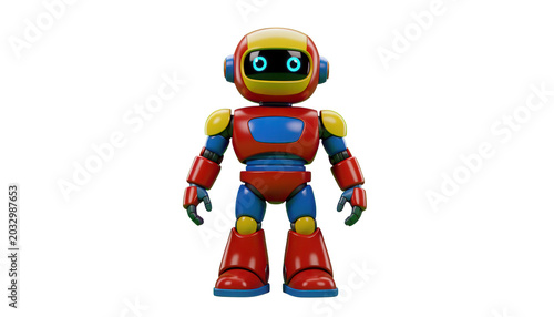 Friendly Cartoon Robot Standing with Glowing Eyes Vector Illustration Isolated on Transparent Background