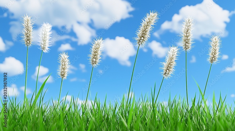 Obraz premium Fluffy White Wildflowers in a Green Field Under a Blue Sky
